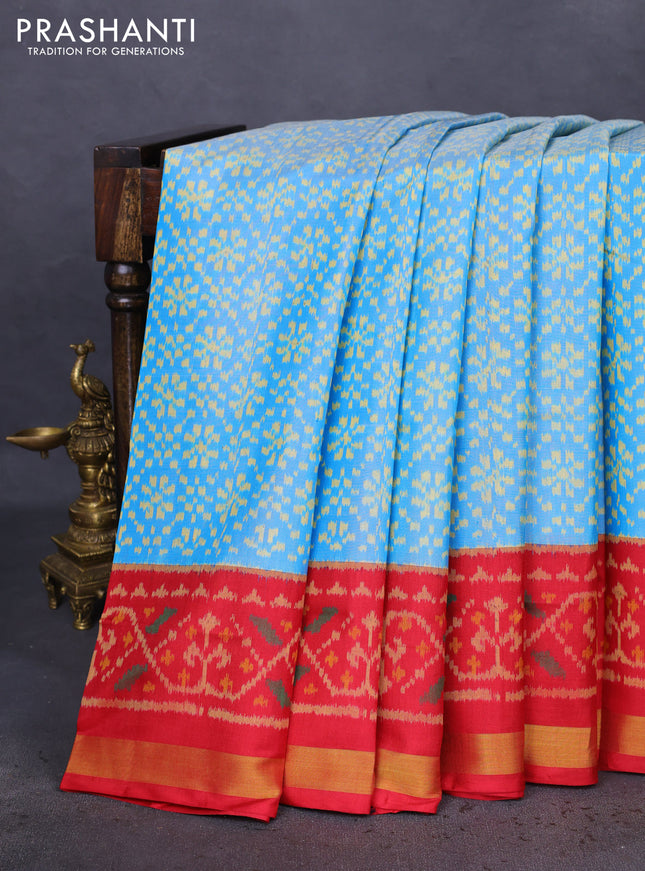 Rajkot patola silk saree blue and red with allover ikat weaves and ikat woven ikat border
