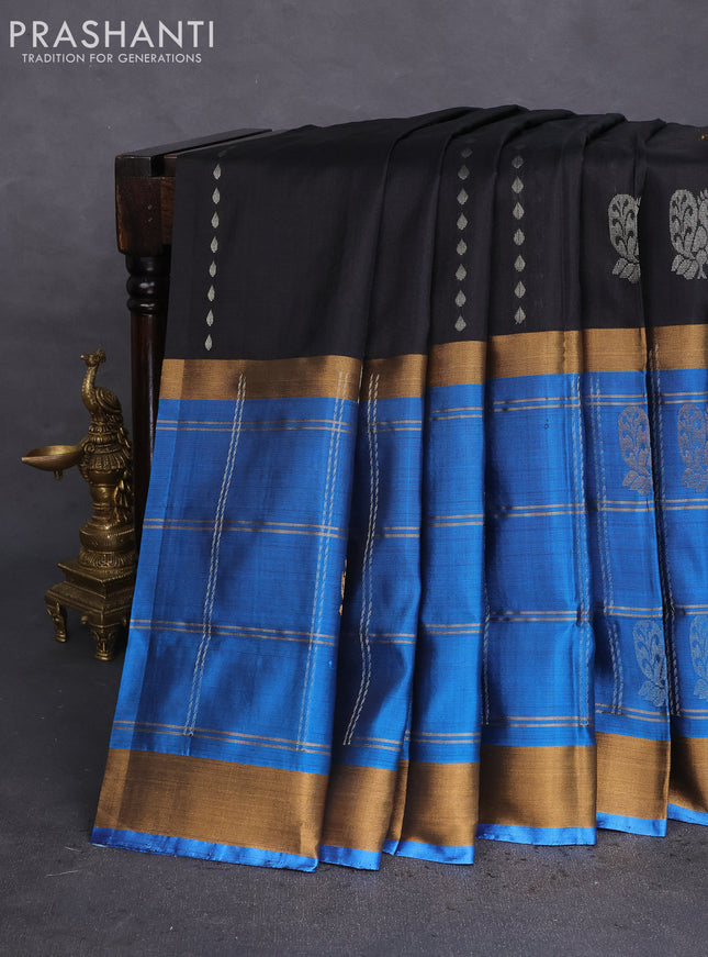 Pure uppada silk saree black and blue with allover silver & gold zari weaves and long zari woven checked border
