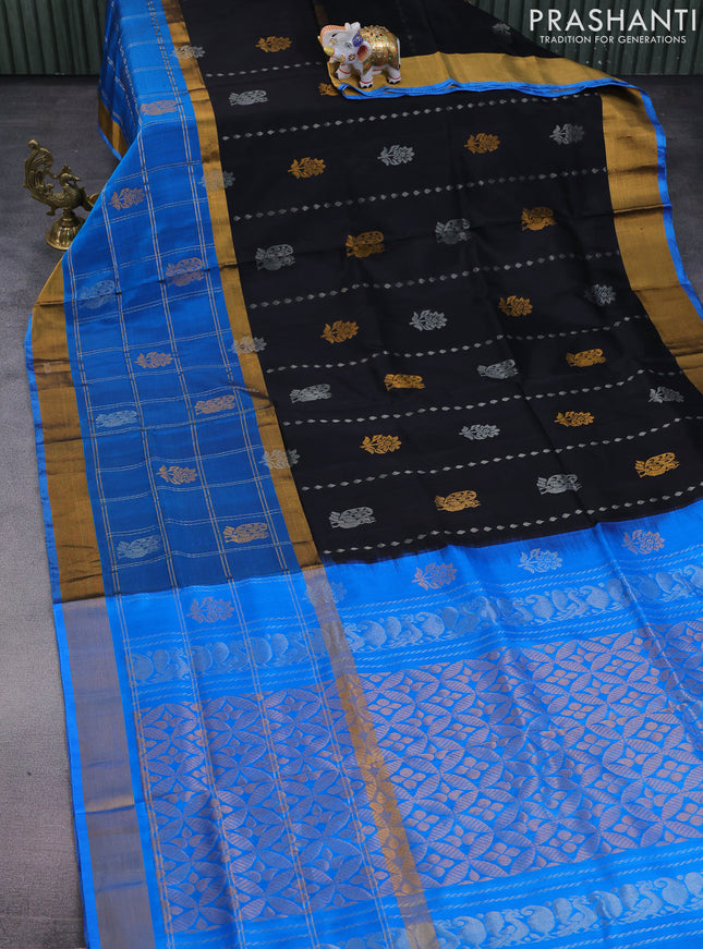 Pure uppada silk saree black and blue with allover silver & gold zari weaves and long zari woven checked border