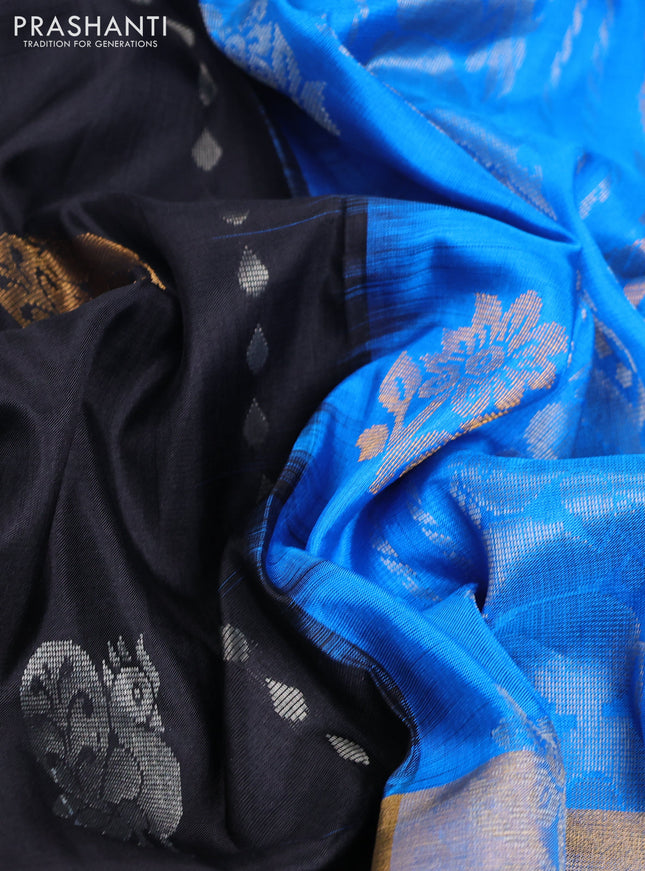 Pure uppada silk saree black and blue with allover silver & gold zari weaves and long zari woven checked border