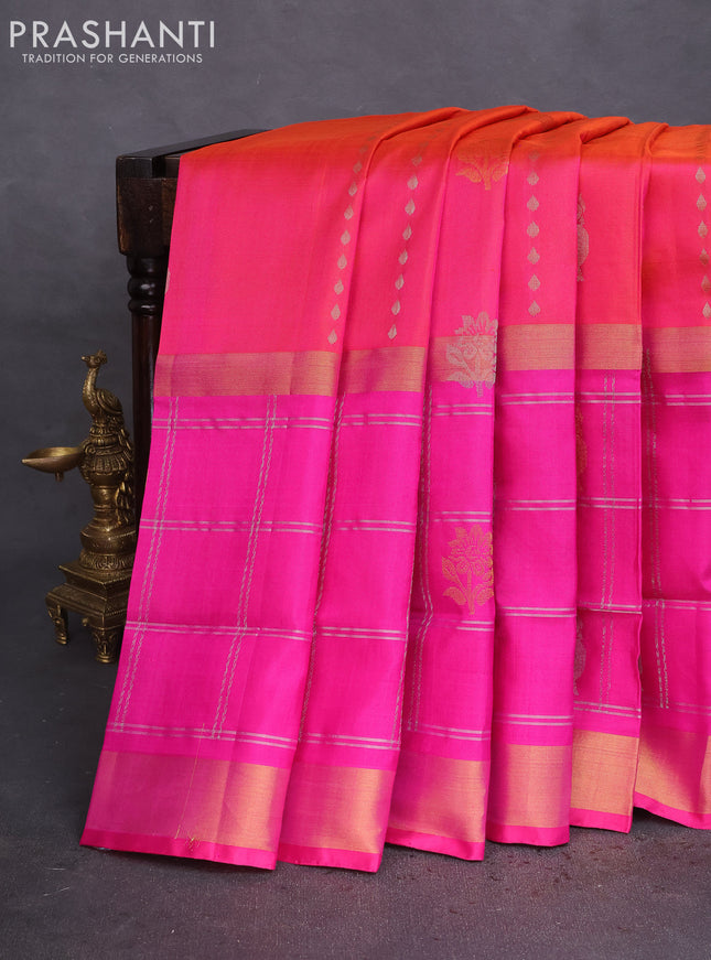 Pure uppada silk saree dual shade of pinkish orange and pink with allover zari weaves and long zari woven checked border