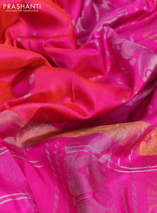 Pure uppada silk saree dual shade of pinkish orange and pink with allover zari weaves and long zari woven checked border