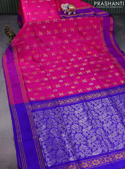 Pure uppada silk saree pink and blue with allover silver & gold zari weaves and rettapet zari woven border