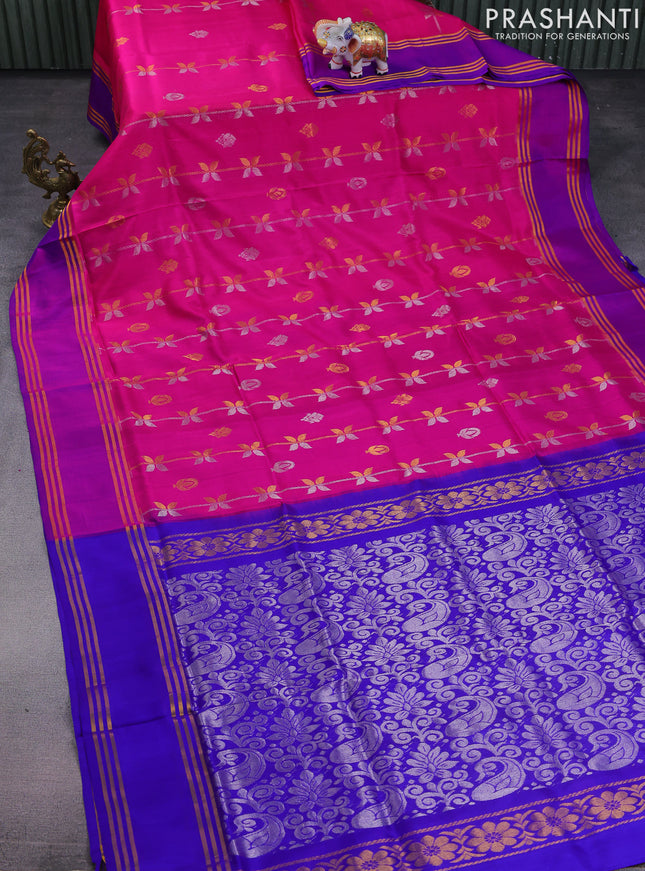 Pure uppada silk saree pink and blue with allover silver & gold zari weaves and rettapet zari woven border