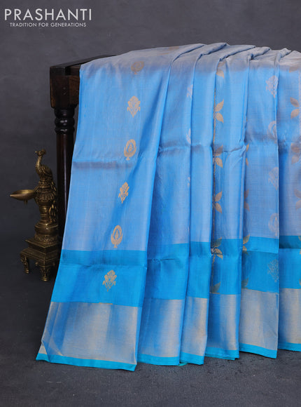 Pure uppada silk saree light blue and teal bluish green with allover silver & gold zari weaves and zari woven border