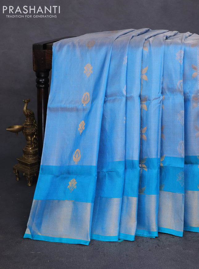 Pure uppada silk saree light blue and teal bluish green with allover silver & gold zari weaves and zari woven border