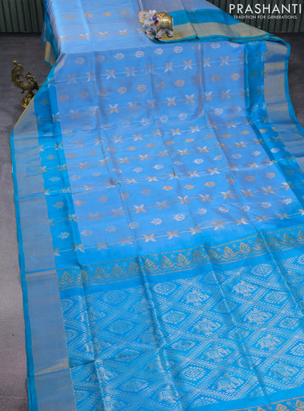 Pure uppada silk saree light blue and teal bluish green with allover silver & gold zari weaves and zari woven border