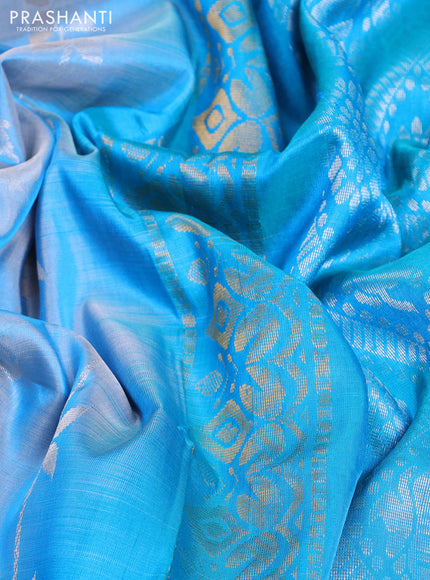 Pure uppada silk saree light blue and teal bluish green with allover silver & gold zari weaves and zari woven border