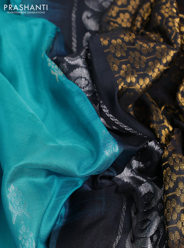 Pure uppada silk saree teal blue and black with allover silver & gold zari woven buttas and long zari woven peacock butta border