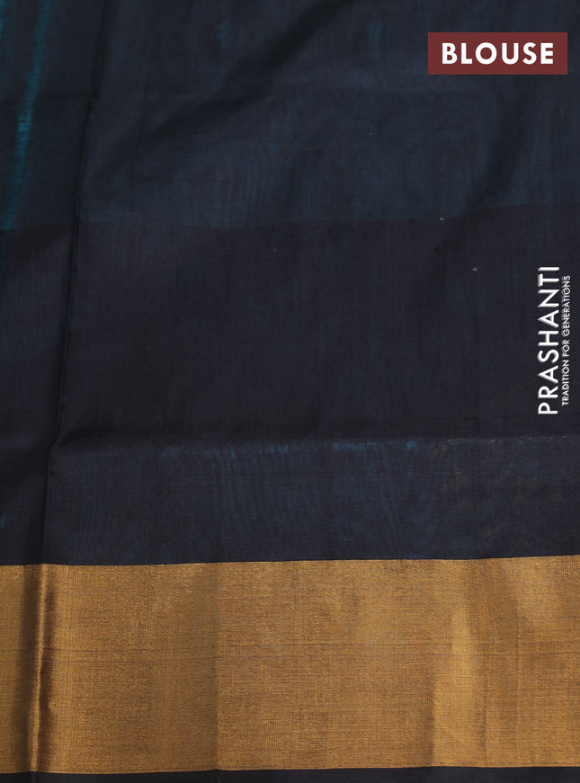 Pure uppada silk saree teal blue and black with allover silver & gold zari woven buttas and long zari woven peacock butta border