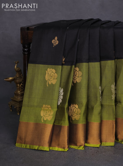 Pure uppada silk saree black and light green with allover silver & gold zari woven buttas and long zari woven butta border