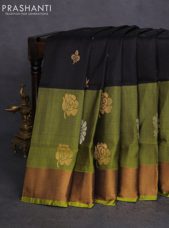 Pure uppada silk saree black and light green with allover silver & gold zari woven buttas and long zari woven butta border