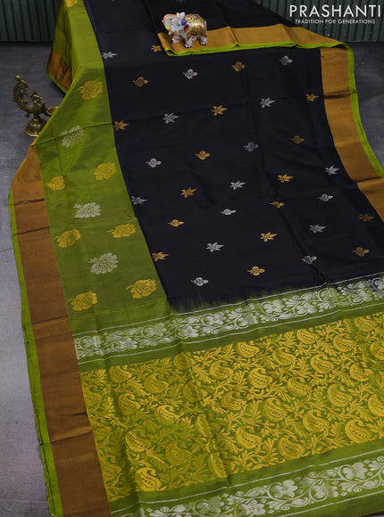 Pure uppada silk saree black and light green with allover silver & gold zari woven buttas and long zari woven butta border