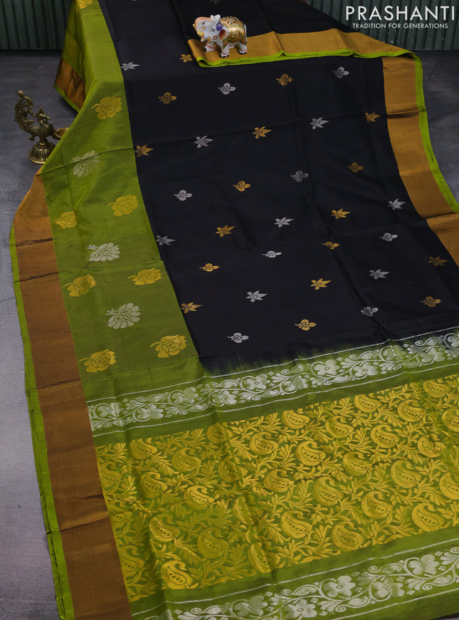 Pure uppada silk saree black and light green with allover silver & gold zari woven buttas and long zari woven butta border