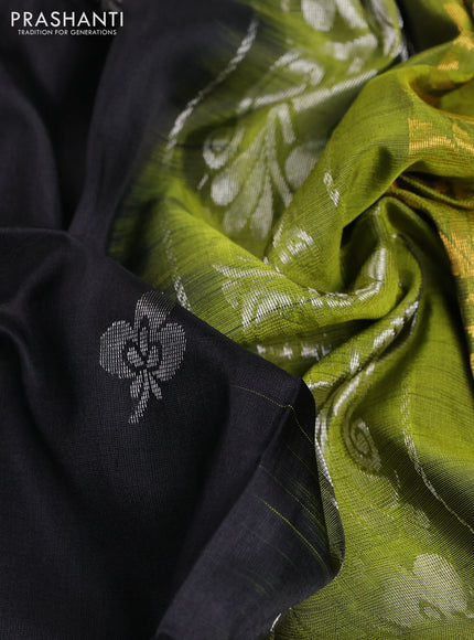 Pure uppada silk saree black and light green with allover silver & gold zari woven buttas and long zari woven butta border