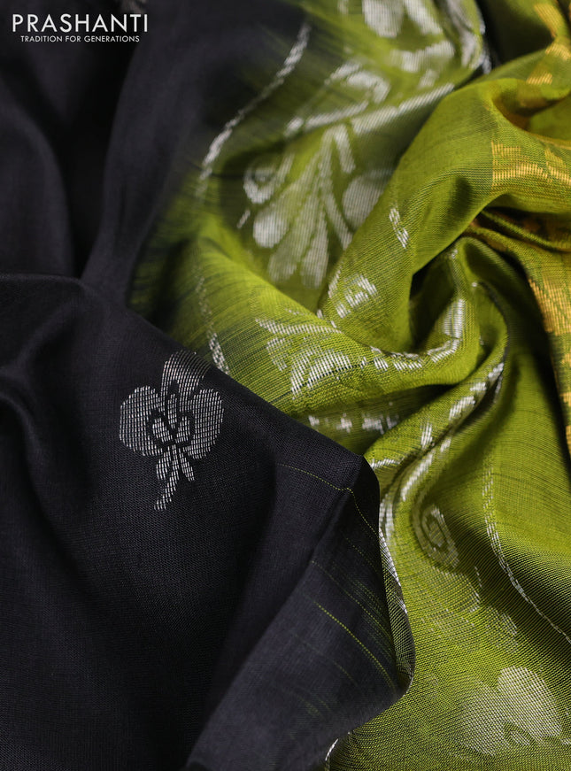 Pure uppada silk saree black and light green with allover silver & gold zari woven buttas and long zari woven butta border