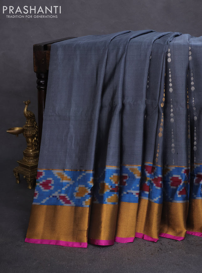 Pure uppada silk saree grey and pink with allover silver & gold zari woven buttas and ikat woven zari border