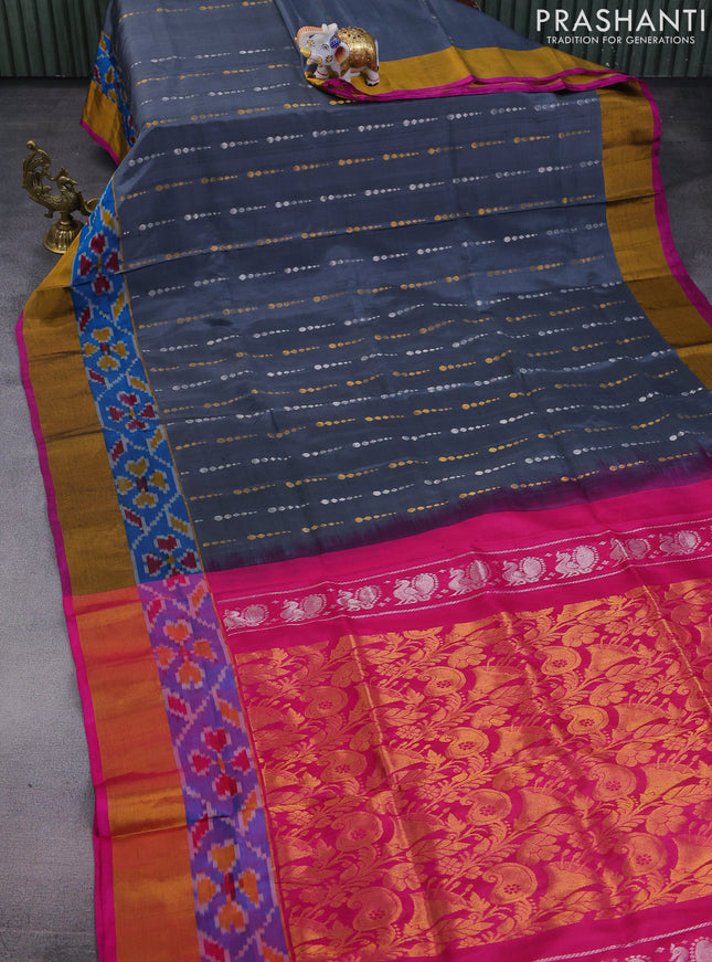 Pure uppada silk saree grey and pink with allover silver & gold zari woven buttas and ikat woven zari border