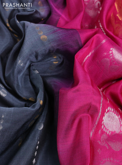 Pure uppada silk saree grey and pink with allover silver & gold zari woven buttas and ikat woven zari border