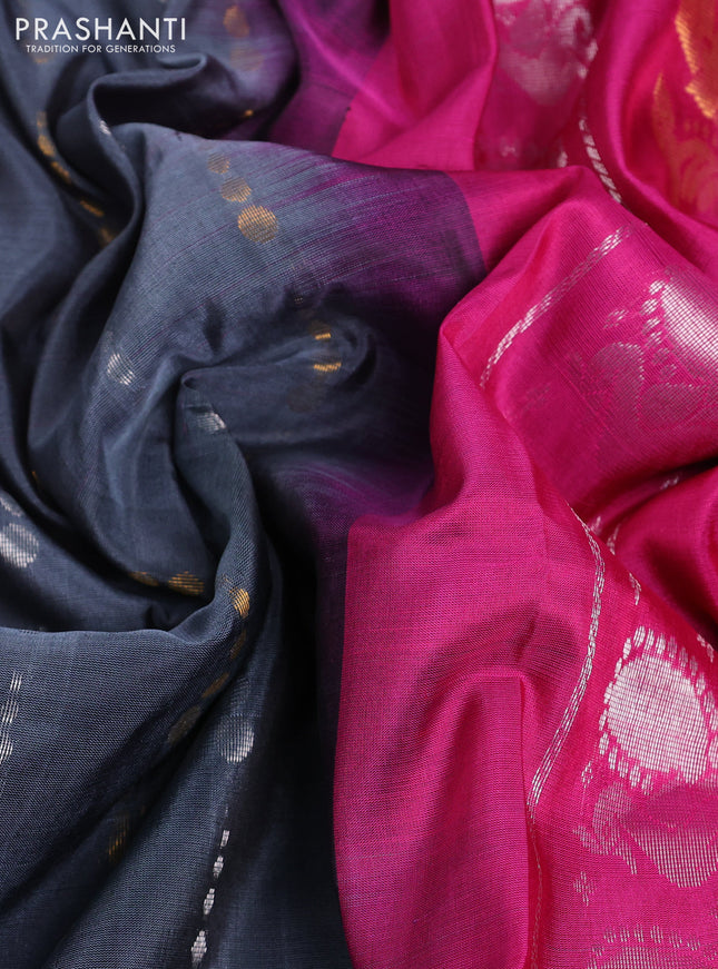 Pure uppada silk saree grey and pink with allover silver & gold zari woven buttas and ikat woven zari border
