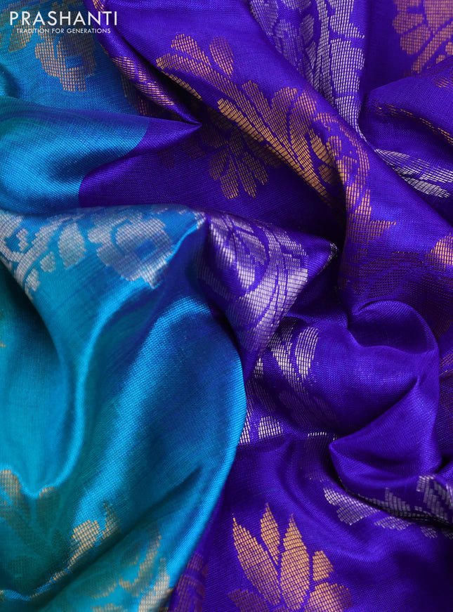 Pure uppada silk saree dual shade of teal bluish green and blue with allover silver & gold zari weaves and zari woven border