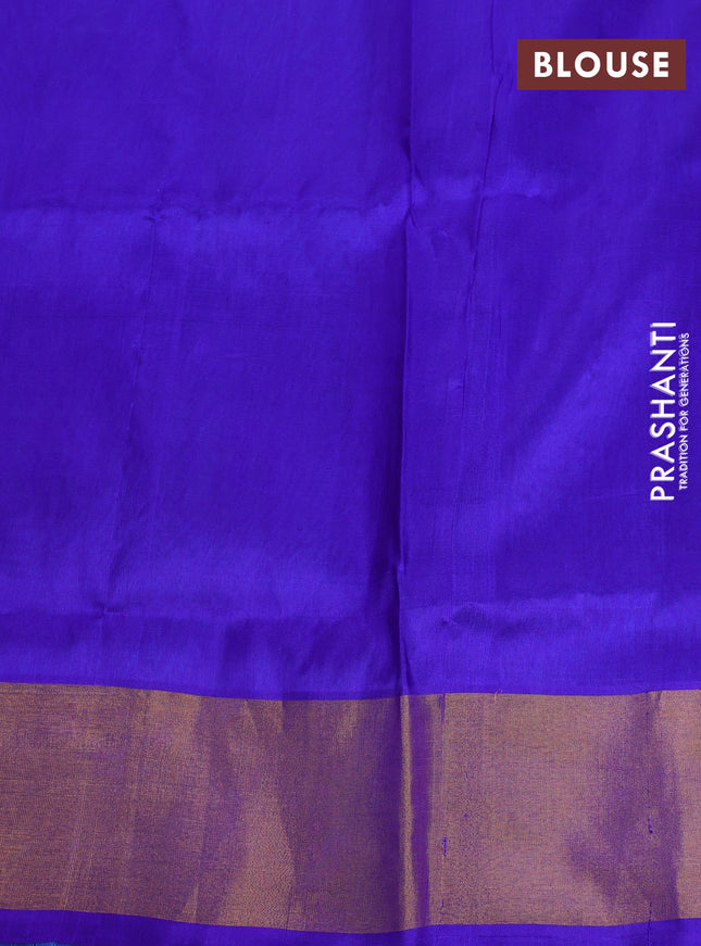 Pure uppada silk saree dual shade of teal bluish green and blue with allover silver & gold zari weaves and zari woven border