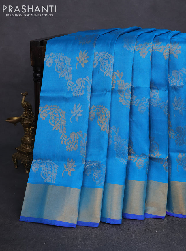 Pure uppada silk saree cs blue and blue with allover silver & gold zari weaves and zari woven border