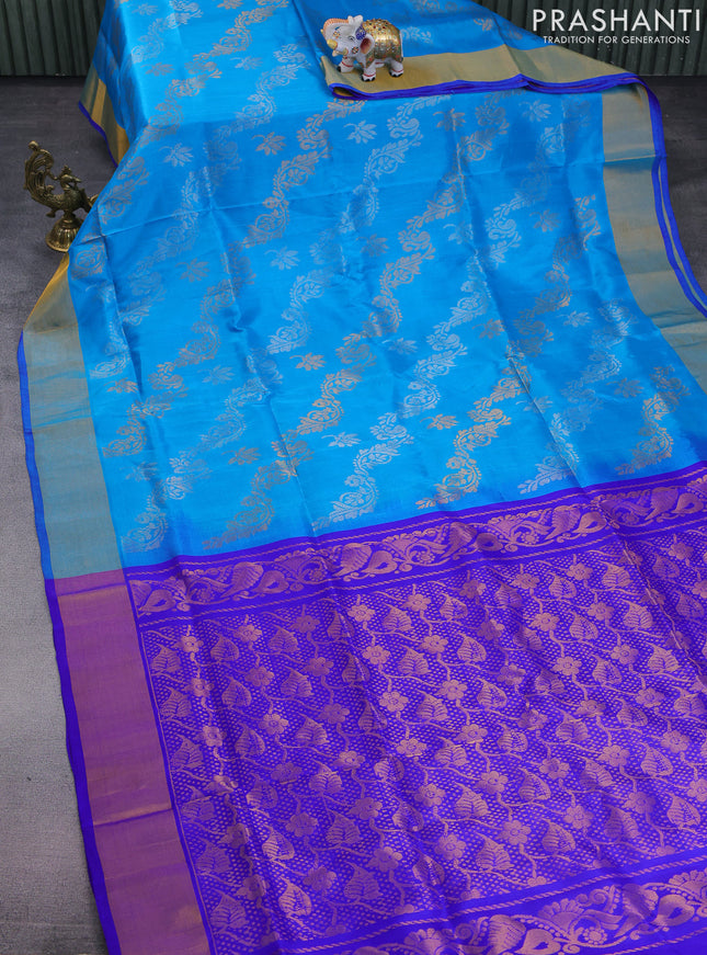 Pure uppada silk saree cs blue and blue with allover silver & gold zari weaves and zari woven border