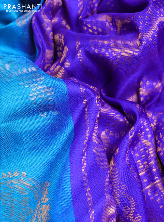 Pure uppada silk saree cs blue and blue with allover silver & gold zari weaves and zari woven border