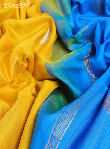 Pure uppada silk saree yellow and cs blue with silver & gold zari woven coin buttas and simple border