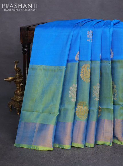 Pure uppada silk saree cs blue and light green with silver & gold zari woven buttas and long zari woven butta border