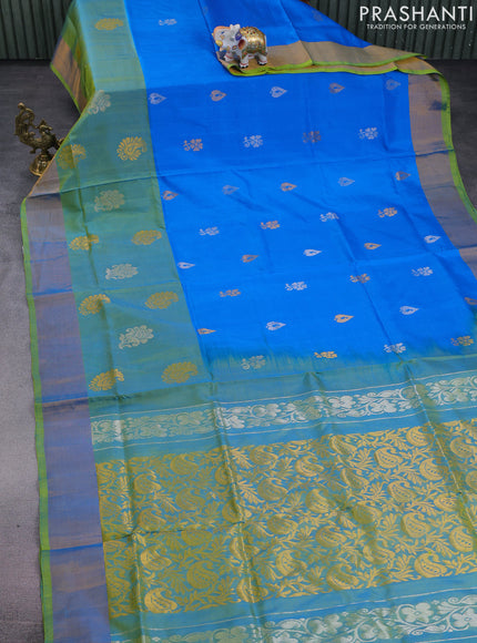 Pure uppada silk saree cs blue and light green with silver & gold zari woven buttas and long zari woven butta border