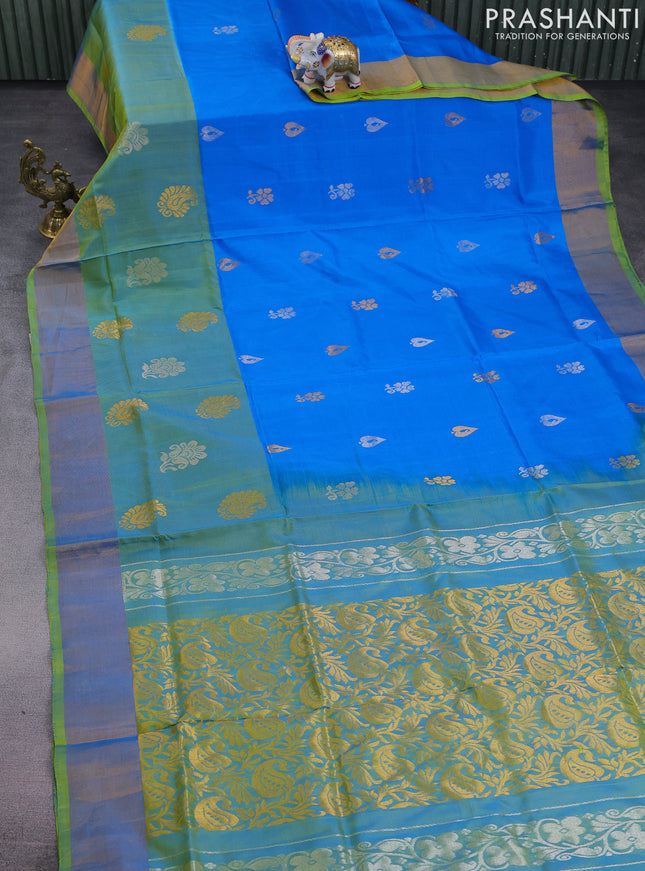 Pure uppada silk saree cs blue and light green with silver & gold zari woven buttas and long zari woven butta border