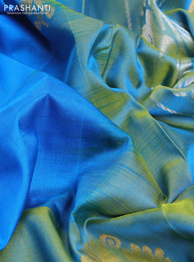 Pure uppada silk saree cs blue and light green with silver & gold zari woven buttas and long zari woven butta border