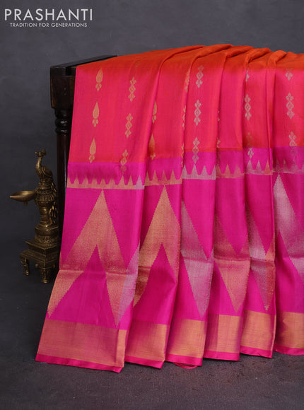 Pure uppada silk saree dual shade of pinkish orange and pink with silver & gold zari woven buttas and long zari woven butta border