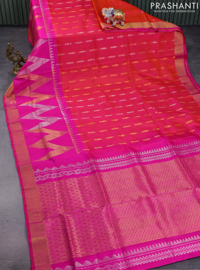 Pure uppada silk saree dual shade of pinkish orange and pink with silver & gold zari woven buttas and long zari woven butta border