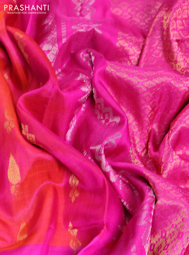 Pure uppada silk saree dual shade of pinkish orange and pink with silver & gold zari woven buttas and long zari woven butta border