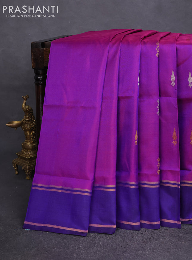Pure uppada silk saree purple and blue with silver & gold zari woven buttas and rettapet zari woven border