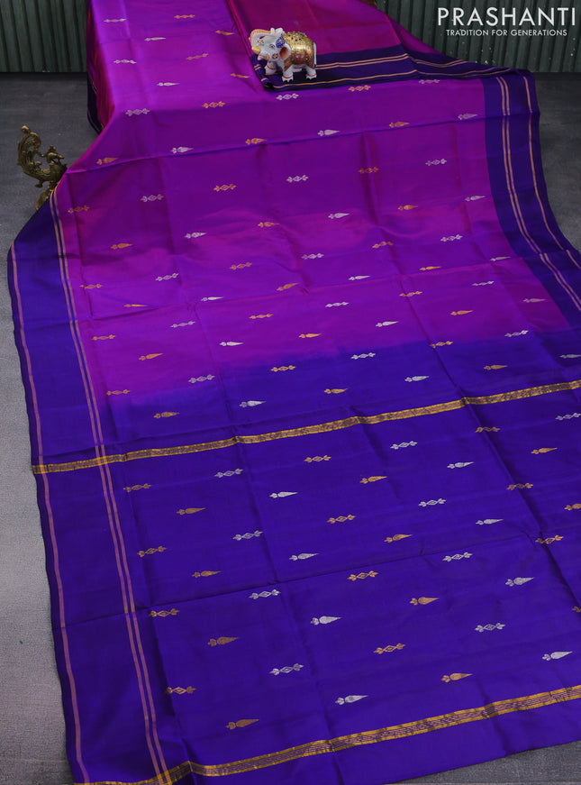 Pure uppada silk saree purple and blue with silver & gold zari woven buttas and rettapet zari woven border