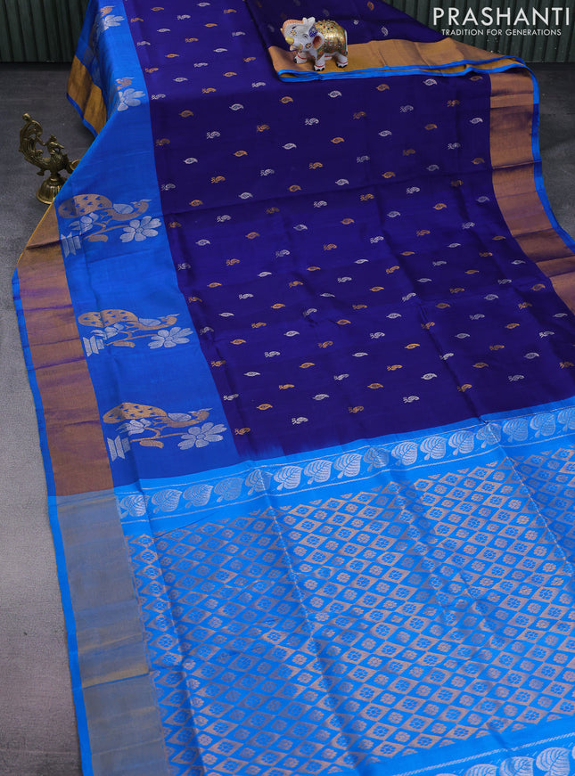Pure uppada silk saree dark blue and cs blue with allover silver & gold zari weaves and long peacock design zari woven border