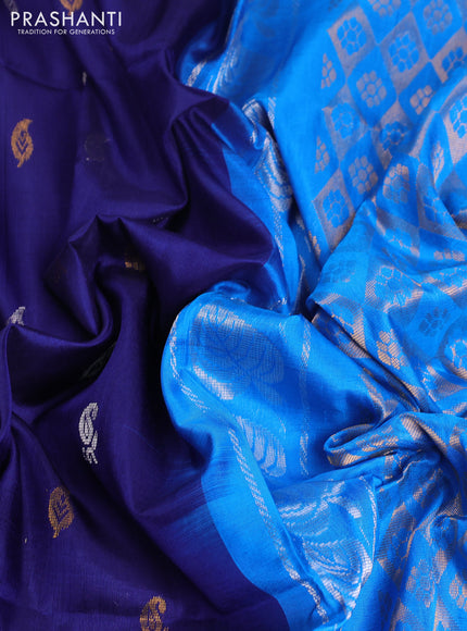 Pure uppada silk saree dark blue and cs blue with allover silver & gold zari weaves and long peacock design zari woven border