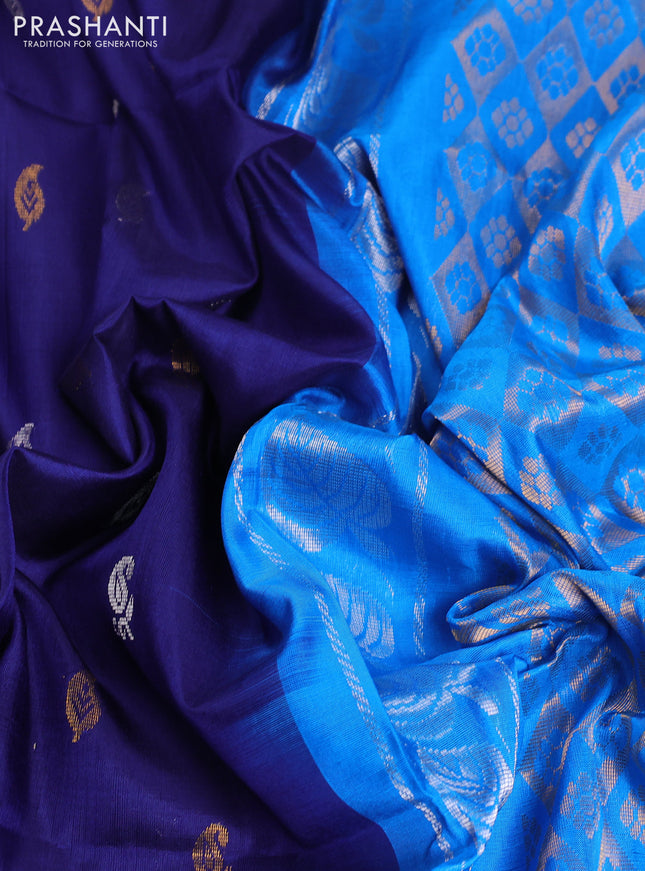 Pure uppada silk saree dark blue and cs blue with allover silver & gold zari weaves and long peacock design zari woven border