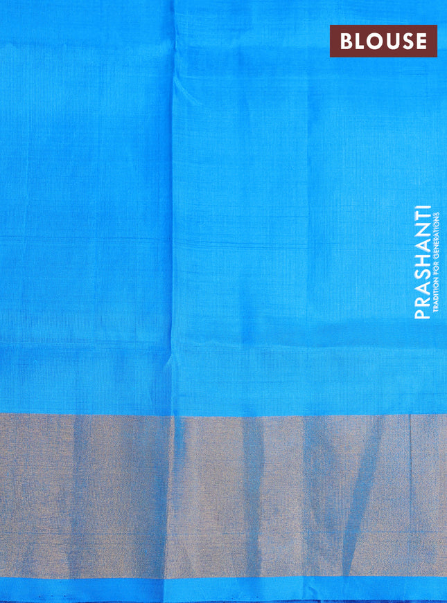 Pure uppada silk saree dark blue and cs blue with allover silver & gold zari weaves and long peacock design zari woven border