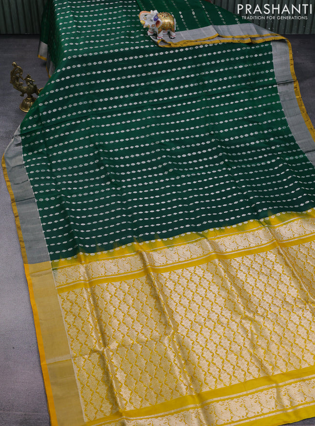 Pure uppada silk saree dark green and yellow with allover silver zari woven butta weaves and silver zari woven border