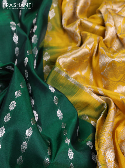 Pure uppada silk saree dark green and yellow with allover silver zari woven butta weaves and silver zari woven border