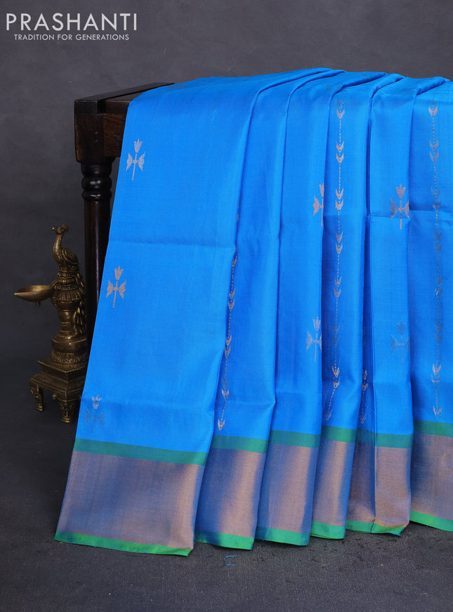 Pure uppada silk saree cs blue and light green with allover silver & gold zari weaves and zari woven border