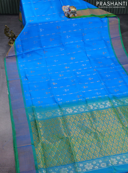 Pure uppada silk saree cs blue and light green with allover silver & gold zari weaves and zari woven border