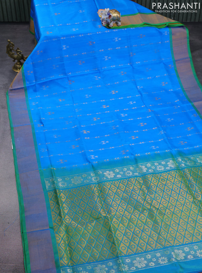Pure uppada silk saree cs blue and light green with allover silver & gold zari weaves and zari woven border
