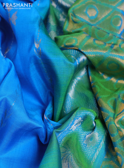 Pure uppada silk saree cs blue and light green with allover silver & gold zari weaves and zari woven border