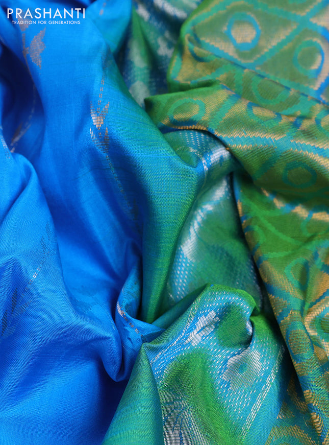 Pure uppada silk saree cs blue and light green with allover silver & gold zari weaves and zari woven border